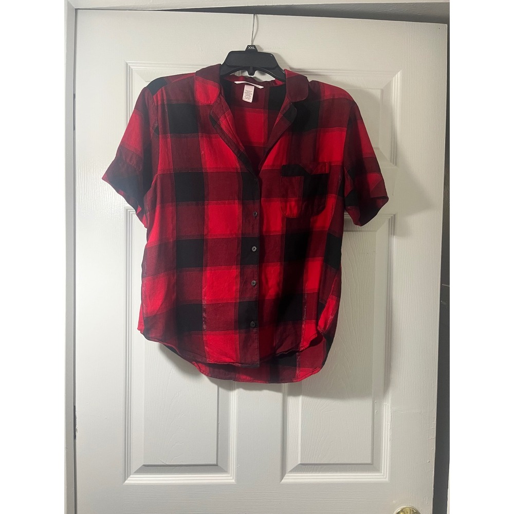 Victoria's Secret Red Black Buffalo Plaid Pajama Top Short Sleeve XS Button Down